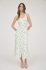 Ivory Blue Floral Button Down Dress with Slit