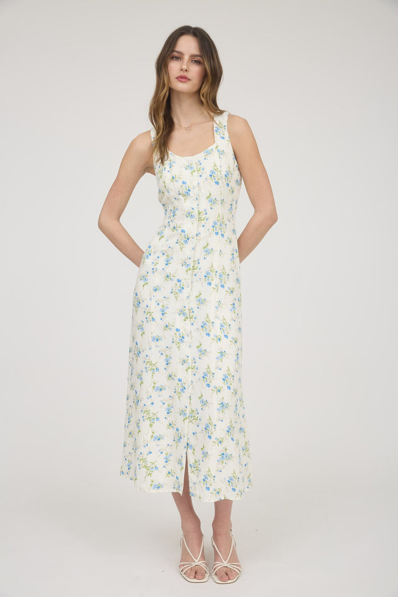 Ivory Blue Floral Button Down Dress with Slit