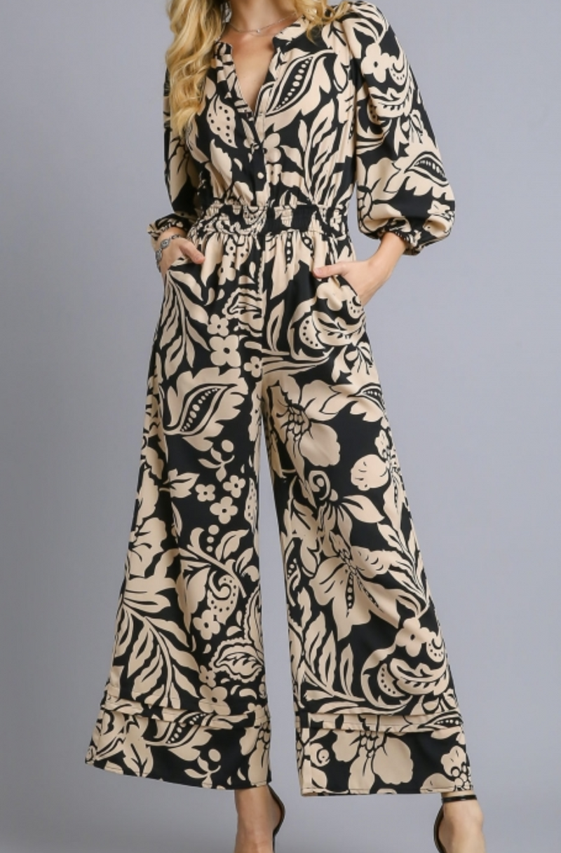 Black Floral Print Jumpsuit