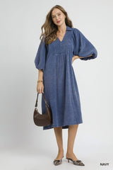 Navy Smocked Gauze Midi Dress