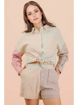 Tan and Mocha Color Block Button Front Shirt and Matching Shorts Set