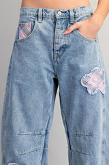 Denim Floral Patch Barrel Jeans