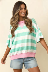 Striped Crewneck Top With Flutter Sleeve