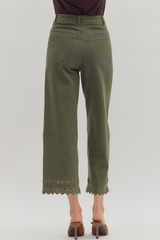 Olive High Waist Crop W/ Floral Embroidered Hem