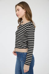 Black Striped Colorblock Trim Button Down Cardigan