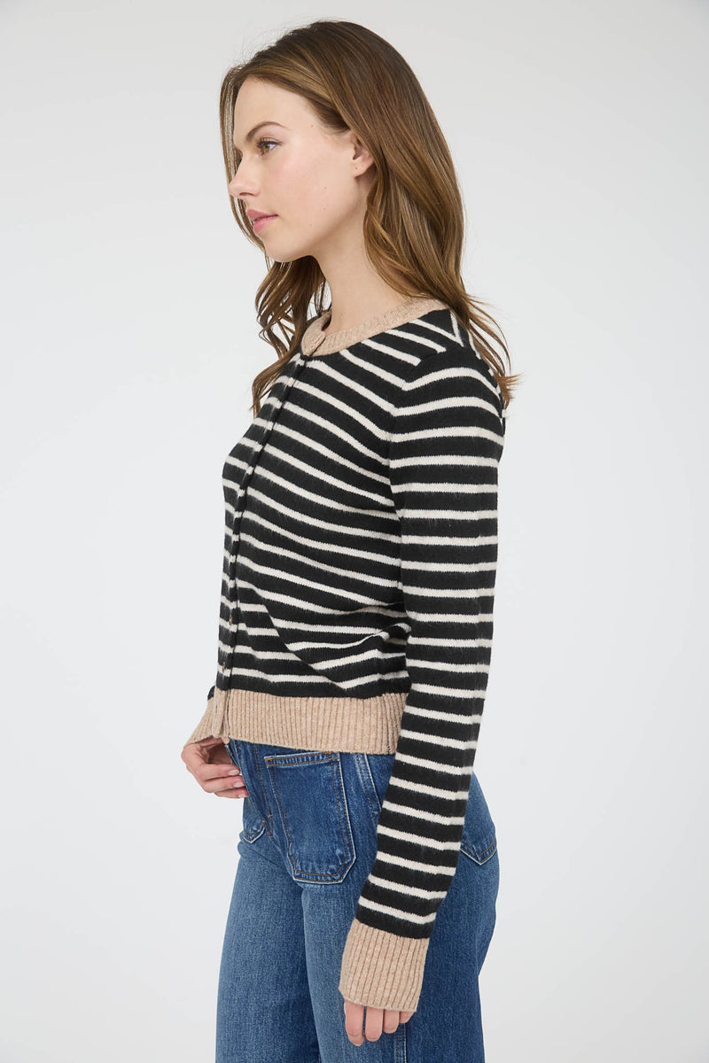 Black Striped Colorblock Trim Button Down Cardigan