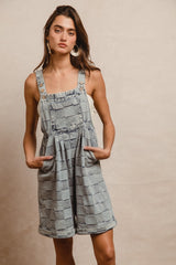 Checkered Denim Wide Leg Short Overalls