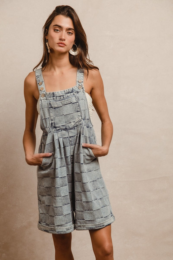 Checkered Denim Wide Leg Short Overalls