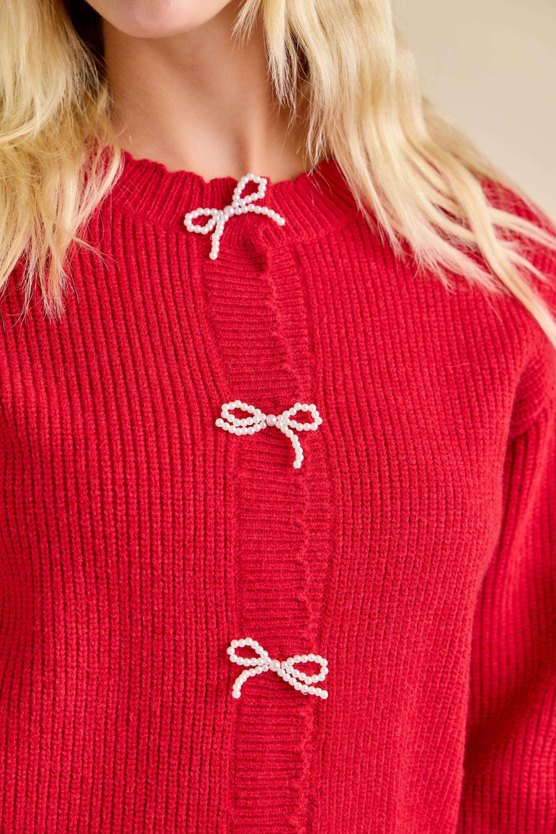 Red Round Neck Cardigan With Pearl Bow Buttons