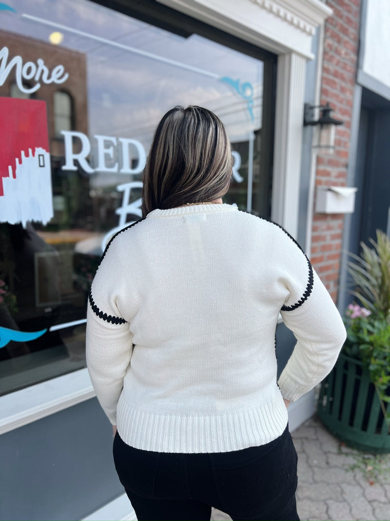 Cream Sweater With Black Outstitched Trim
