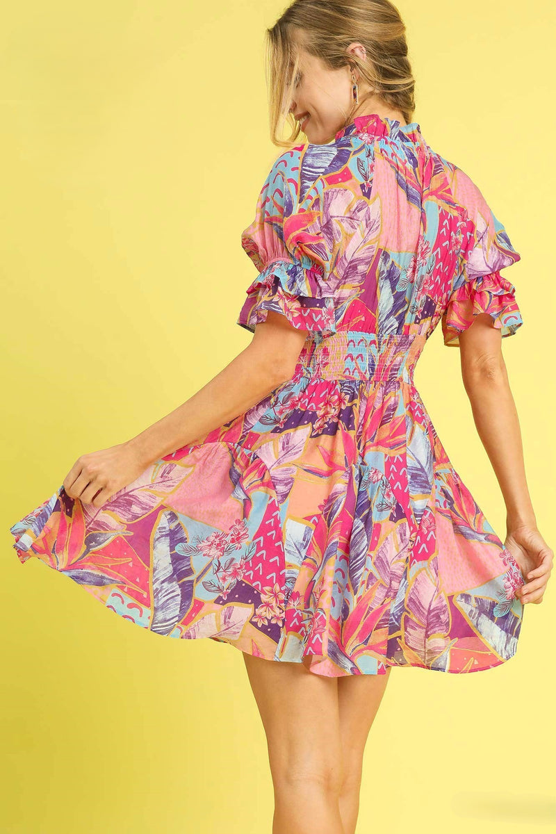 Pink Multi-Color Floral V-Neck mini Dress