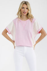 Pink Contrast Lace Short Sleeve Top