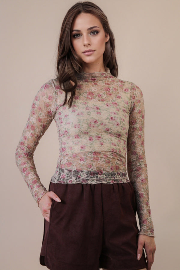 Beige Floral Lace Knit Top