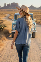 Chambray Frayed Trim Button Down Top