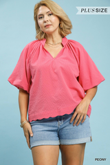 Curvy Peony Bubble Sleeve Seersucker Top