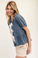 Denim Top with Front Ribbon Tie