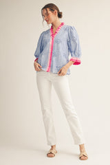 Blue 3/4 Sleeve Button Down Eyelet Top