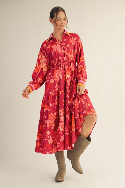 Fuchsia Long Sleeve Button Front Floral Midi Dress