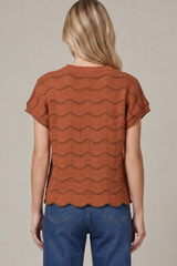 Rust Drop Sleeve Scallop Striped Sweater