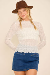 White Floral Long Sleeve Top With Ruffle Trim