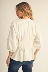 Off White Pintuck Waistline Detail Button Down Top