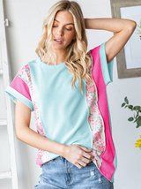 Curvy Mint Ribbed Floral Contrast Top