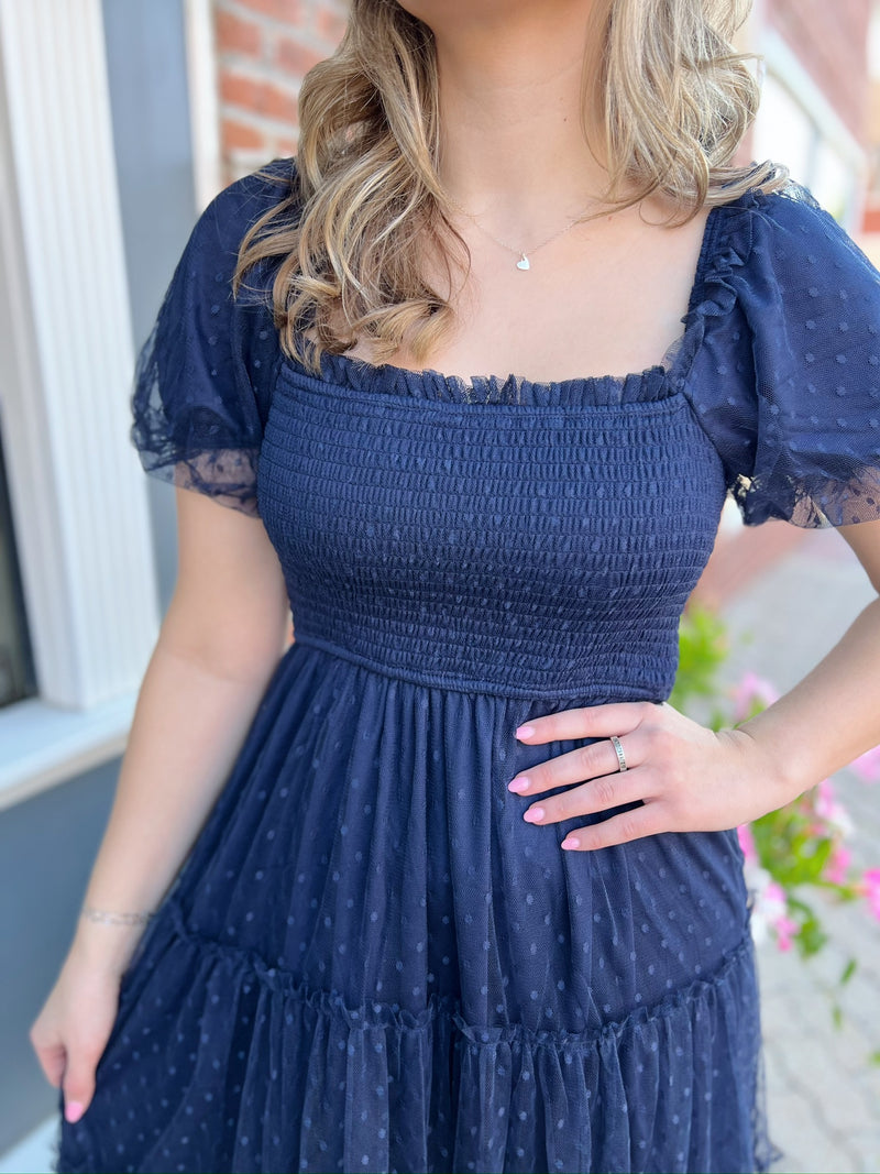 Tulle Layered Midi Dress With Short Sleeves