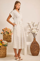 Blue Floral Button Front Collared Midi Dress