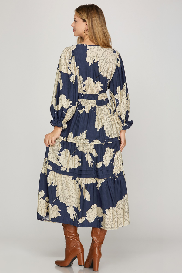 Navy Floral Tiered Midi Dress