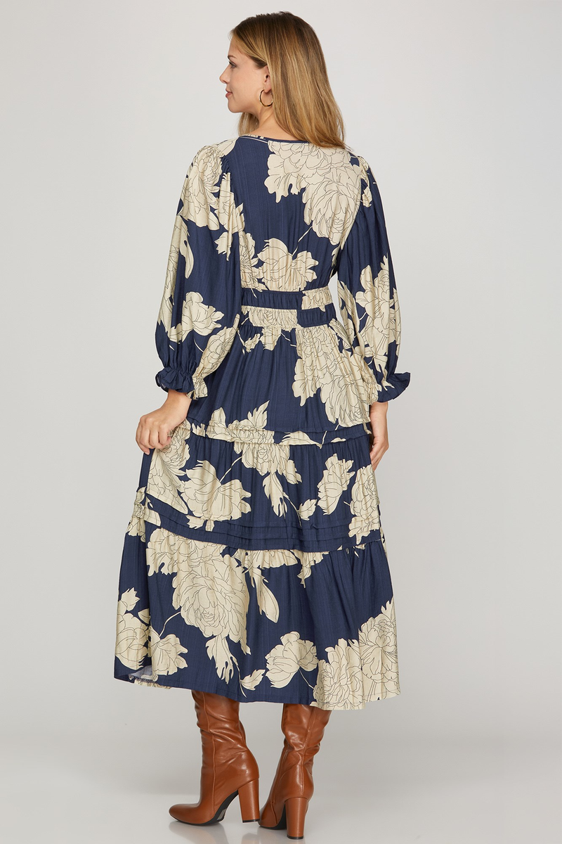 Navy Floral Tiered Midi Dress