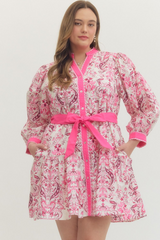 Curvy Pink Paisley Front Button Long Sleeve Dress