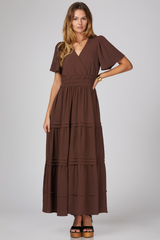 Brown Short Sleeve Surplice Maxi Dress