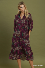 Burgundy Floral Collard Tiered Midi Dress