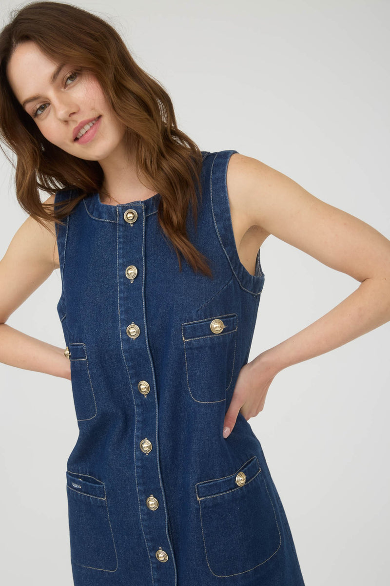 Gold Button Down Sleeveless Denim Mini Dress