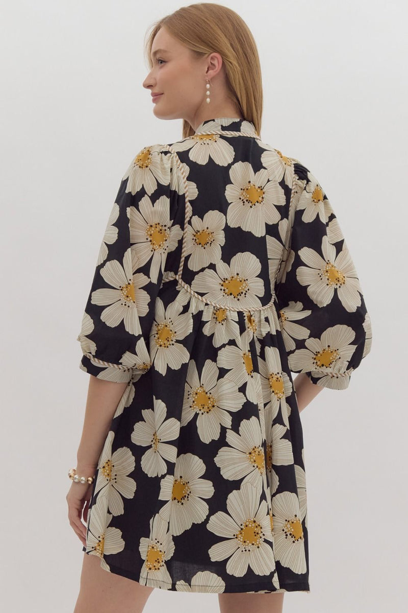 Black Daisy with Striped Details Front Tie Dress