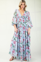 Blue Floral V-Neck Maxi Dress