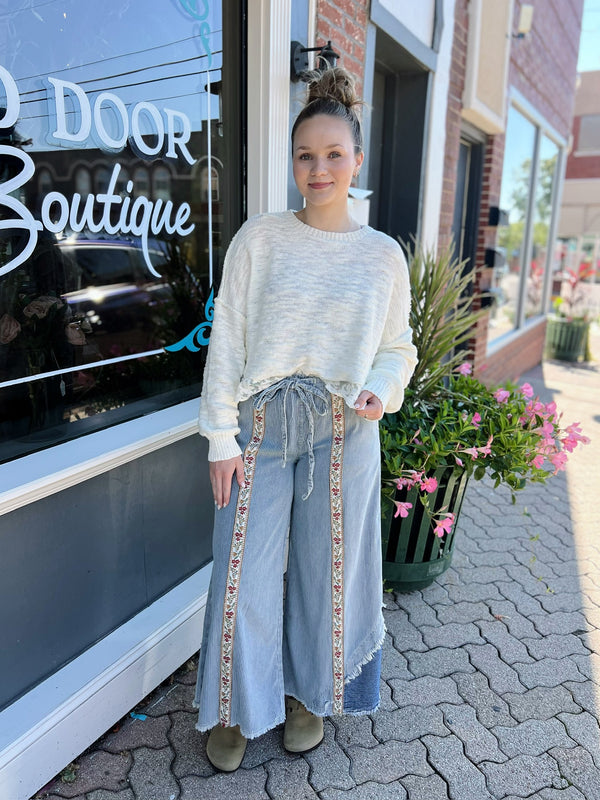 Wide Leg Striped Denim Mix With Floral Trim Pants