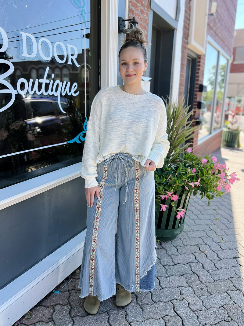 Wide Leg Striped Denim Mix With Floral Trim Pants
