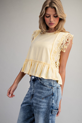Yellow Side Lace Trim Ruffle Hem Top
