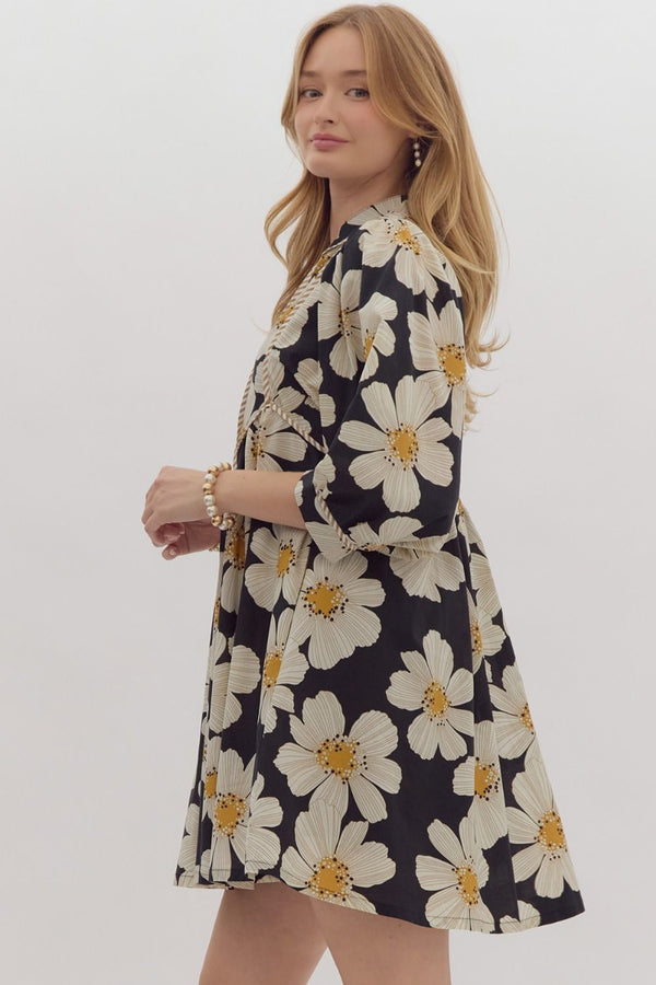 Black Daisy with Striped Details Front Tie Dress