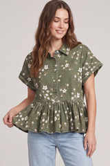 Olive Floral Printed Cotton Twill Top