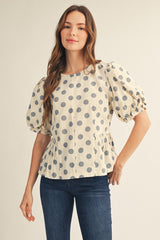 Blue Polka Dot Puff Sleeve Pricess lined Top