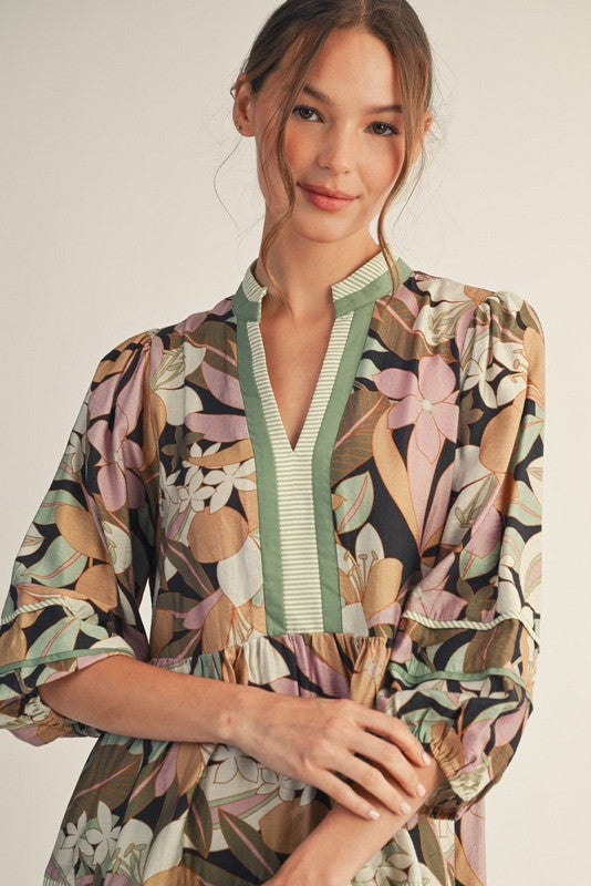 Sage Floral Tiered Dress