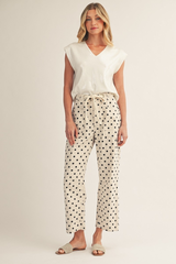 Beige Drawstring Waist Polka Dot Barrel Pants