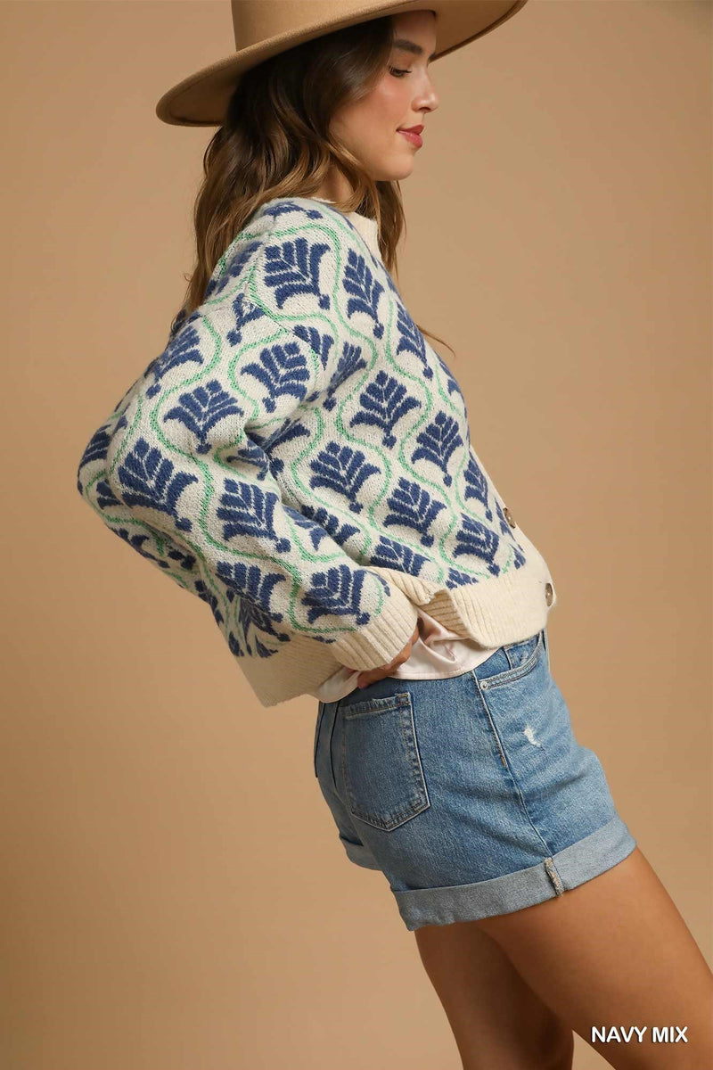 Navy and Green Patterned Cardigan