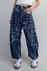 Washed Denim Paisley Barrel Jeans