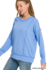 Corded Rib Long Sleeve Round Neck Pullover