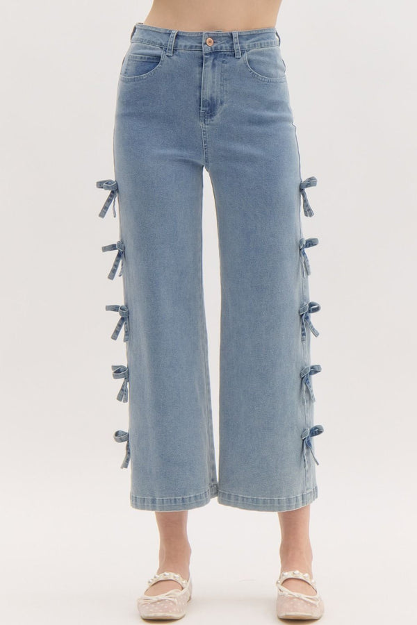 High Waisted Cropped Jeans with Side Bows