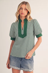 Green and Cream Stripe Contrast Trim Top