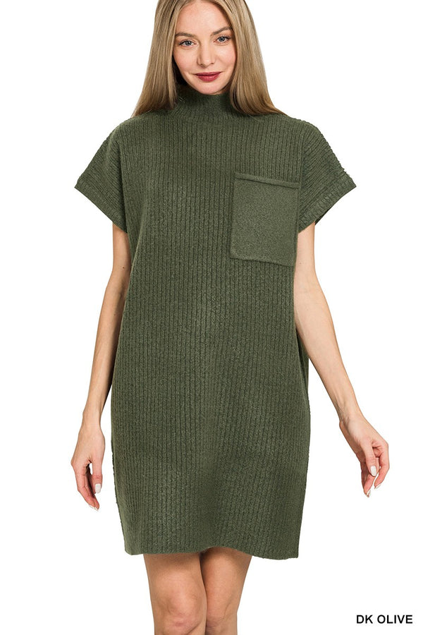 Mock Neck Short Sleeve Sweater Dress With Pockets